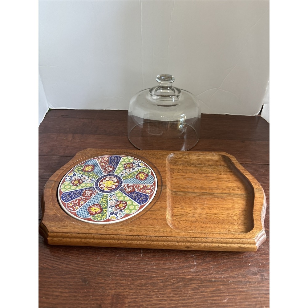 Vintage Imari Ware Japanese Cheese Tray Wood Tile Cheese Board Snack Tray W/Lid‎